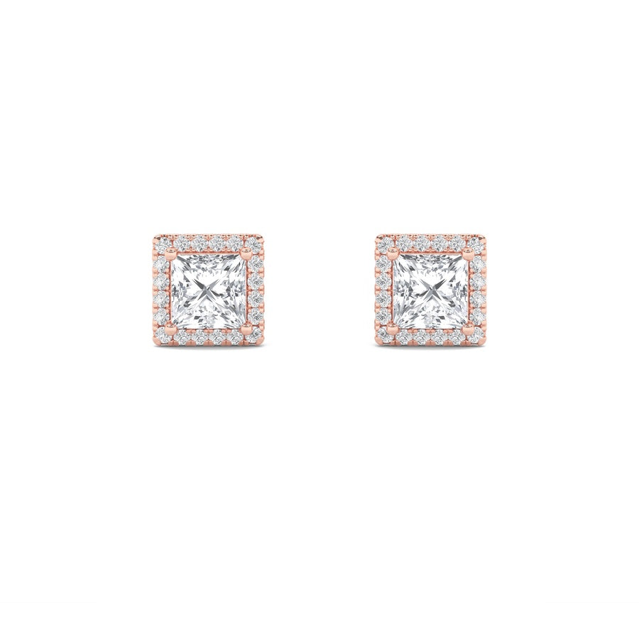 2Cttw Princess Shaped Lab Grown Diamond (F/VS) Halo Stud Earrings in 14K Gold