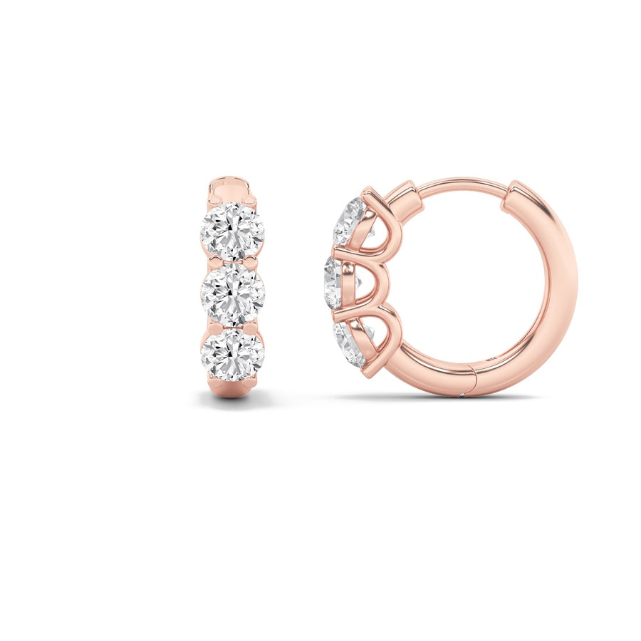 Round Shape Three Stone Huggie Earrings lab grown diamond