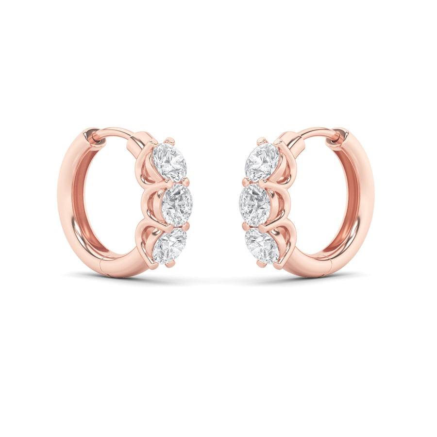 Round Shape Three Stone Huggie Earrings lab grown diamond