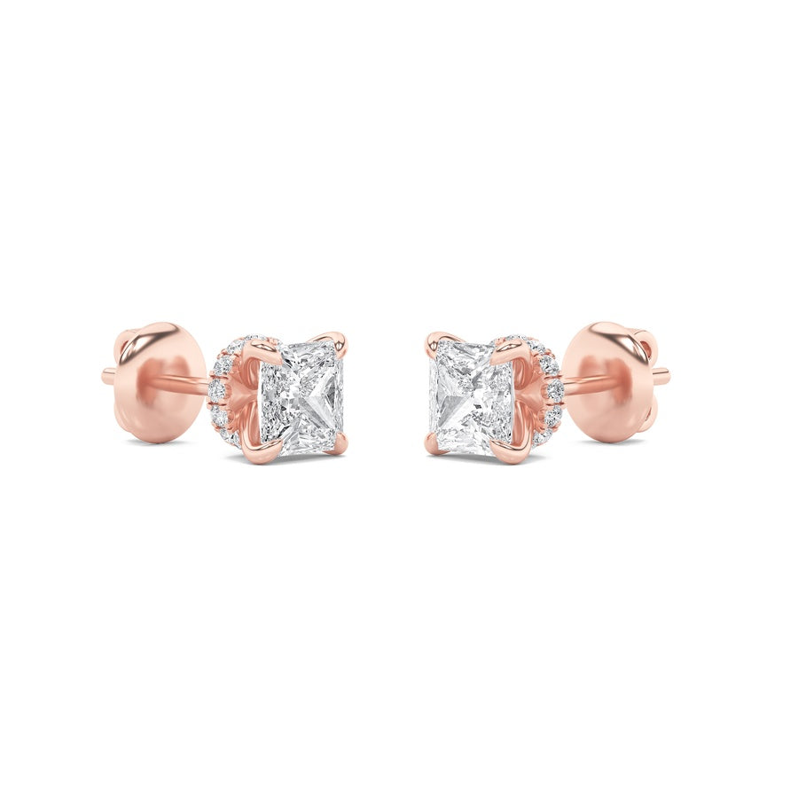 2Cttw Princess Shaped Lab Grown Diamond (F/VS) Hidden Halo Stud Earrings in 14K Gold