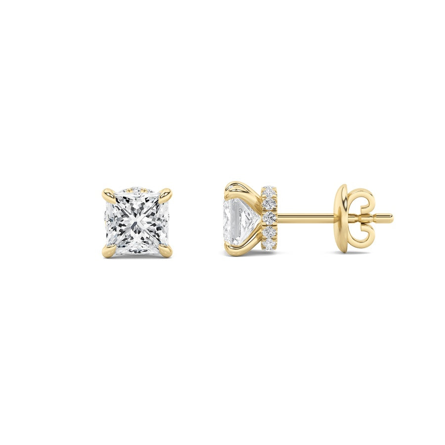 Princess Shape Hidden Halo Stud Earrings lab grown diamond