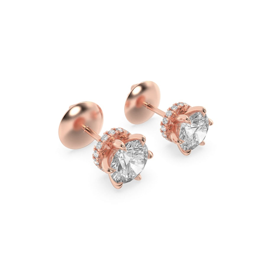 Round Shape Hidden Halo Stud Earrings lab grown diamond