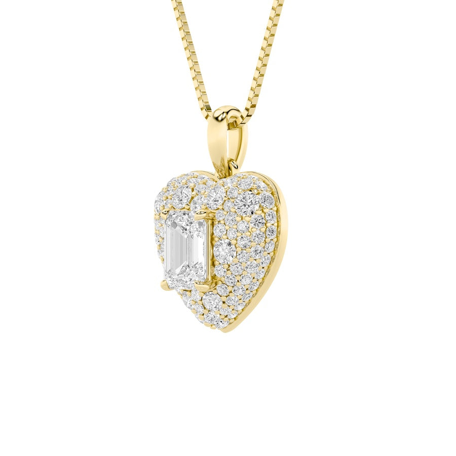 2Cttw Emerald Shaped Lab Grown Diamond (F/VS) PaveAccented Heart Shaped Pendant in 14K Gold