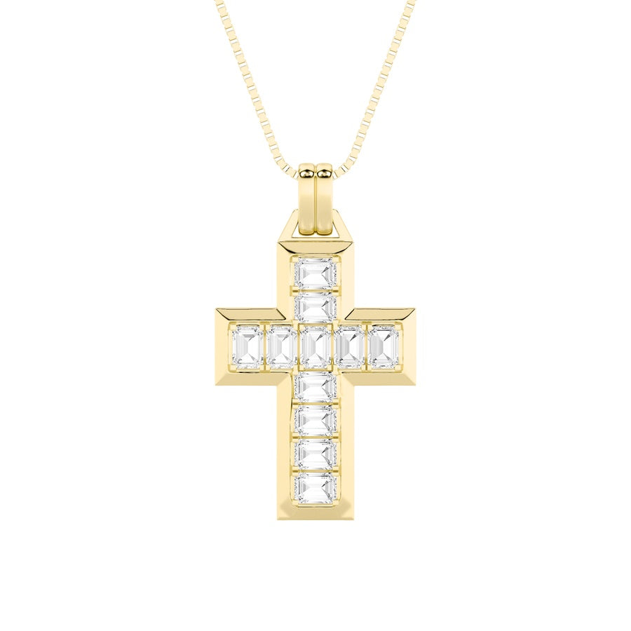 3Cttw Emerald Shaped Lab Grown Diamond (F/VS) Cross Pendant in 14K Gold