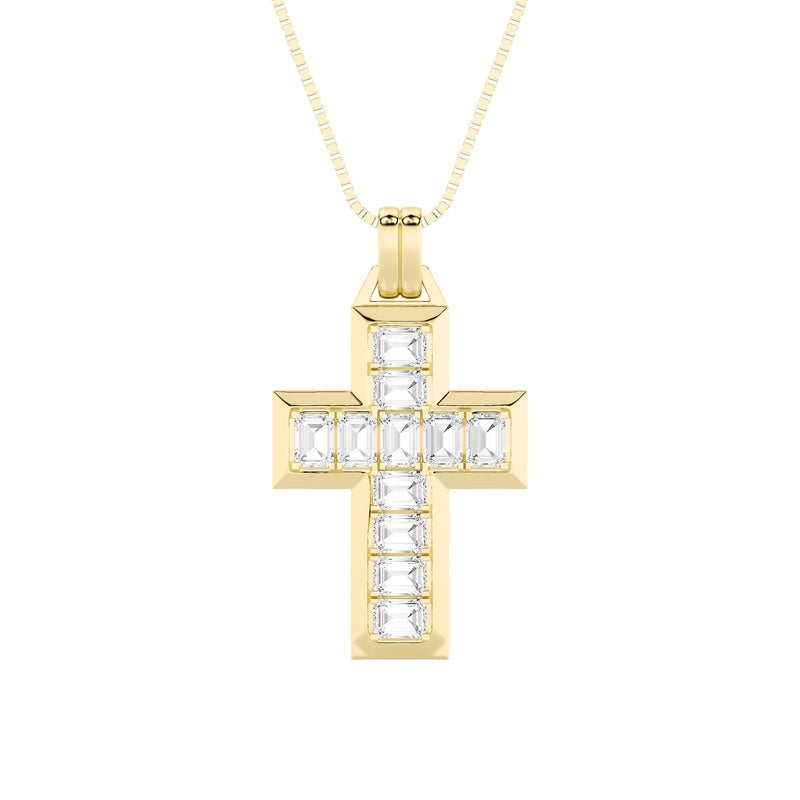 3CTW Emerald Shaped Lab Grown Diamond (F/VS) Cross Pendant in 14K Gold