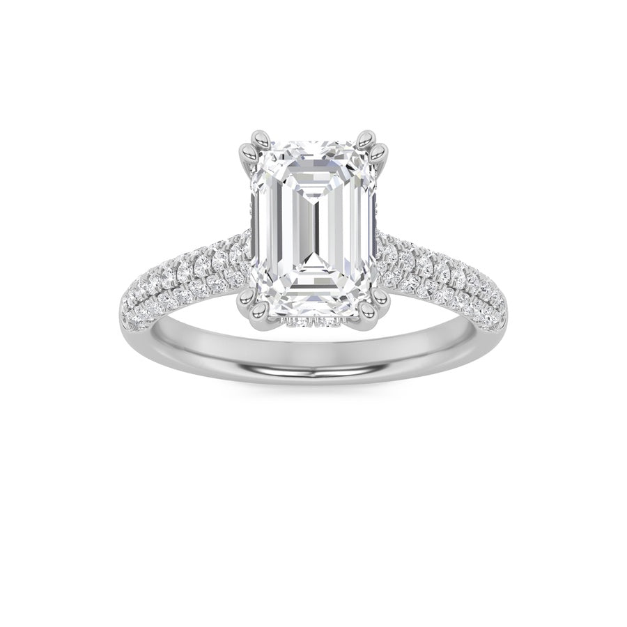 3Cttw Emerald Shaped Lab Grown Diamond (F/VS) Triple Row Accented Engagement Ring in 14K Gold