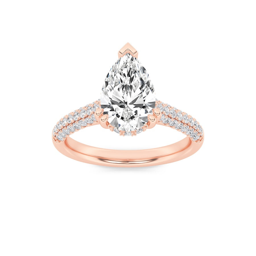 3Cttw Pear Shaped Lab Grown Diamond (F/VS) TripleRow Accented Engagement Ring in 14K Gold