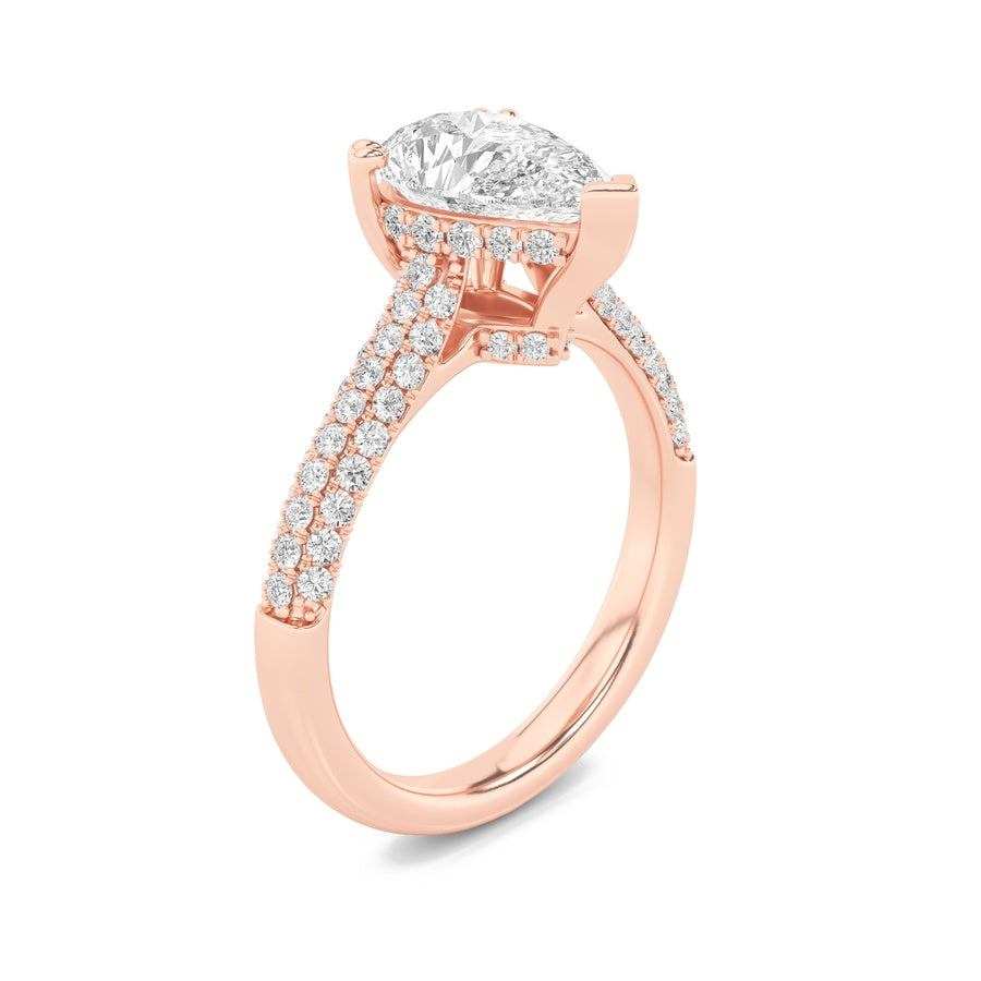 3Cttw Pear Shaped Lab Grown Diamond (F/VS) TripleRow Accented Engagement Ring in 14K Gold