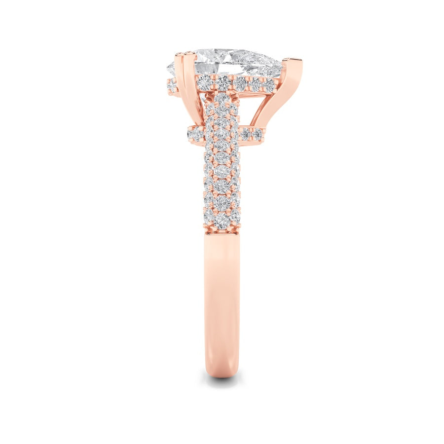 3Cttw Pear Shaped Lab Grown Diamond (F/VS) TripleRow Accented Engagement Ring in 14K Gold