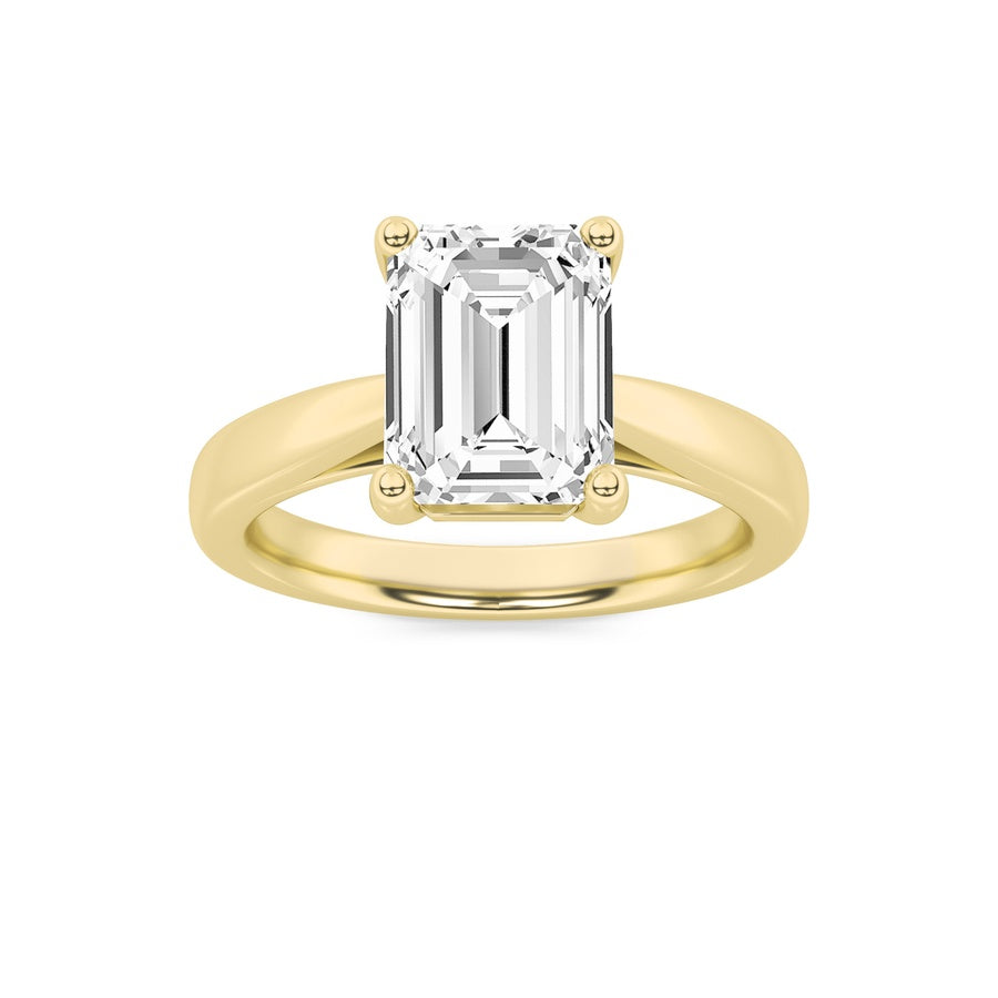 3Cttw Emerald Shaped Lab Grown Diamond (F/VS) Plain Cathedral Trellis Shank Solitaire Engagement Ring in 14K Gold