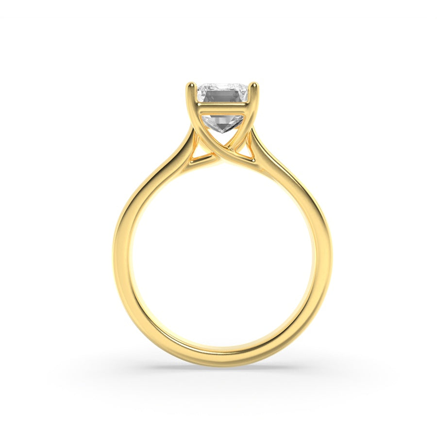 3Cttw Emerald Shaped Lab Grown Diamond (F/VS) Plain Cathedral Trellis Shank Solitaire Engagement Ring in 14K Gold