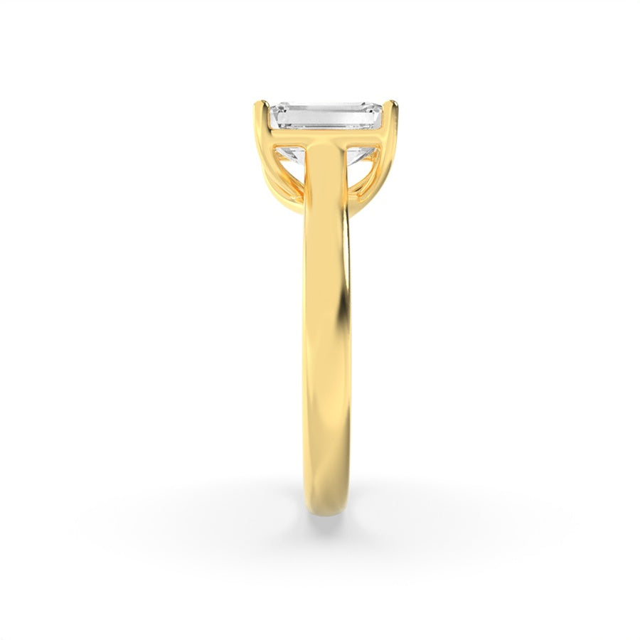 3Cttw Emerald Shaped Lab Grown Diamond (F/VS) Plain Cathedral Trellis Shank Solitaire Engagement Ring in 14K Gold