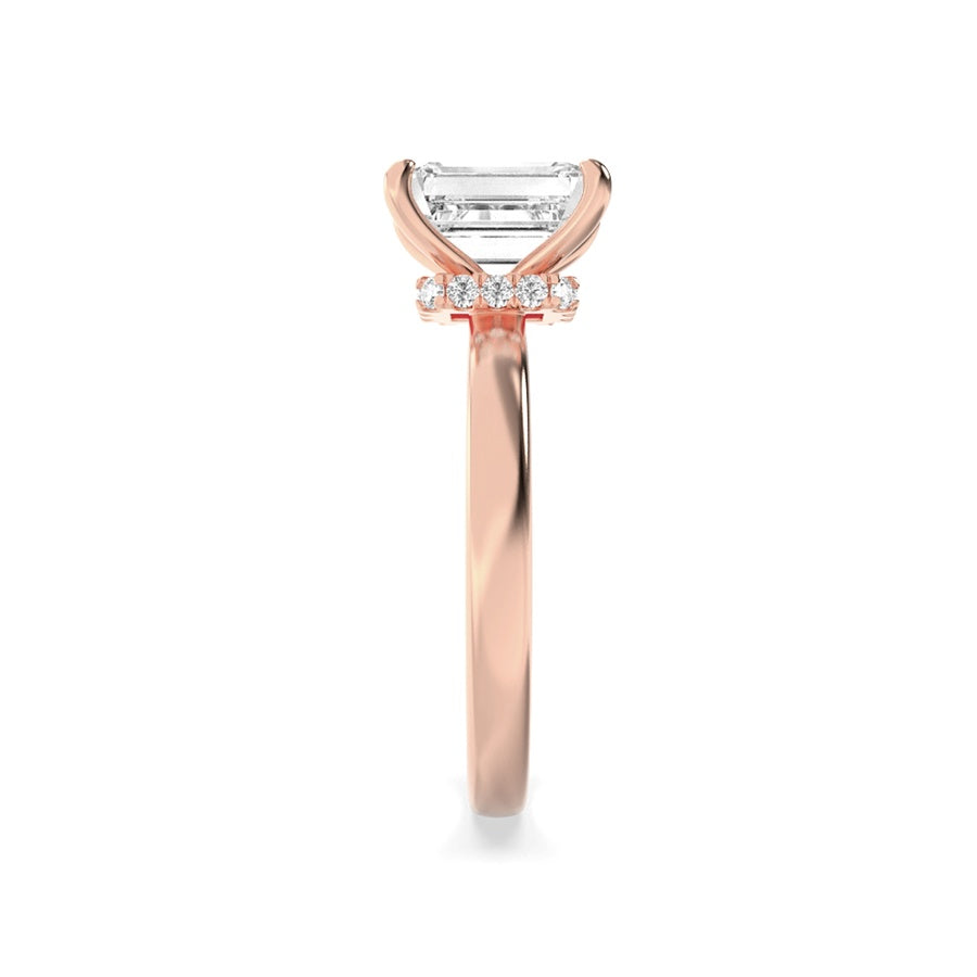 2Cttw Emerald Shaped Lab Grown Diamond (F/VS) Hidden Halo Plain Shank Engagement Ring in 14K Gold
