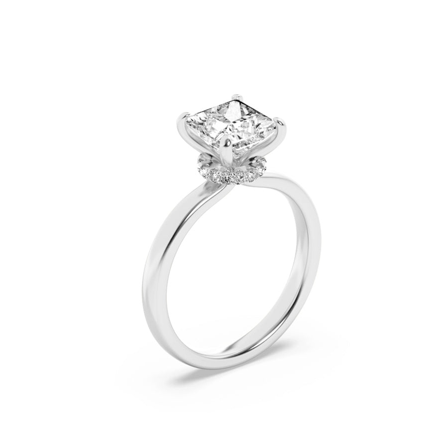 3Cttw Princess Shaped Lab Grown Diamond (F/VS) Hidden Halo Plain Shank Engagement Ring in 14K Gold
