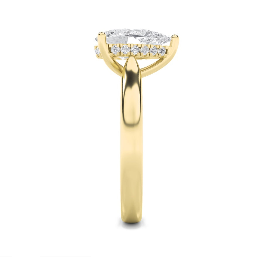 1Cttw Pear Shaped Lab Grown Diamond (F/VS) HiddenHalo Cathedral Shank Engagement Ring in 14K Gold