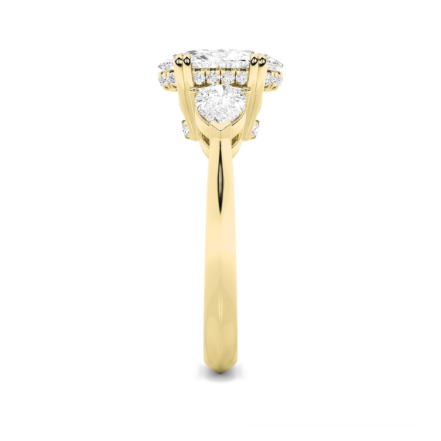 3Cttw Oval Shaped Lab Grown Diamond (F/VS) Three Stone Hidden Halo Ring in 14K Gold