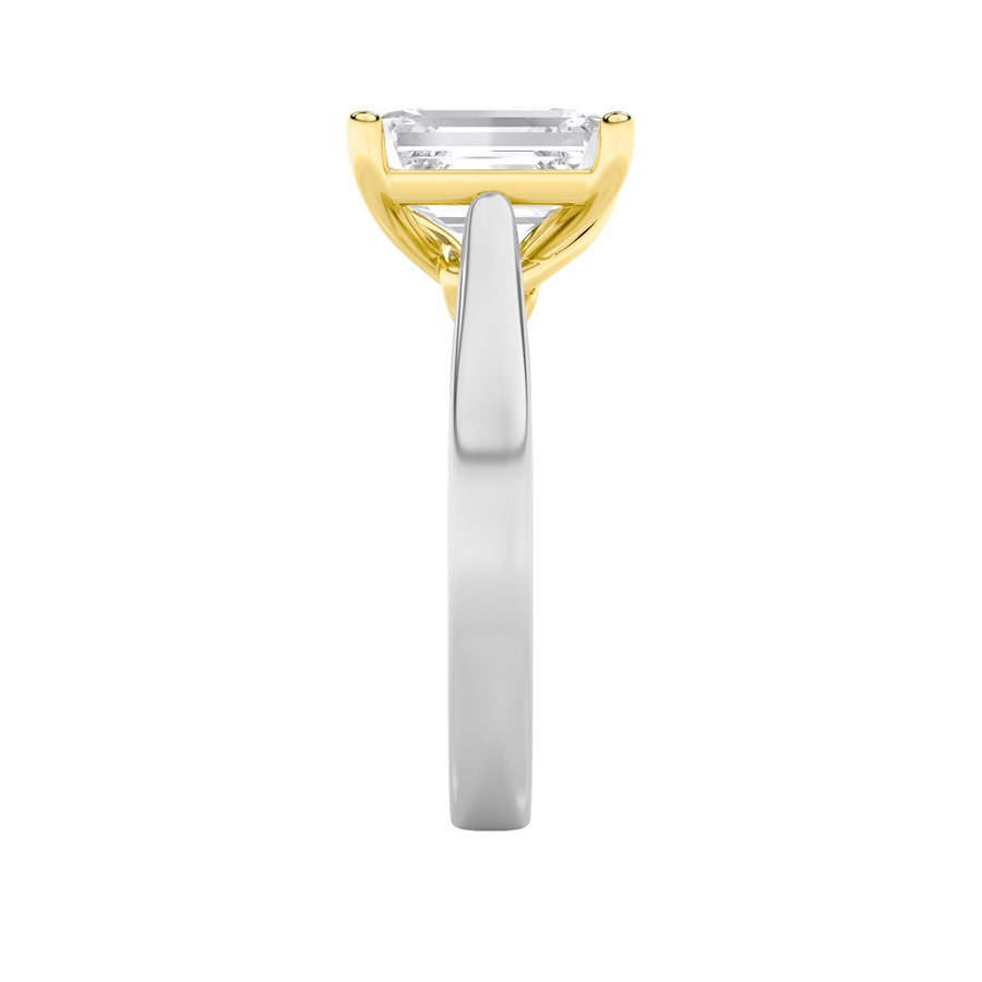 3Cttw Emerald Shaped Lab Grown Diamond (F/VS) TwoTone Twisted Basket Cathedral Shank Solitaire Ringin 14K Gold