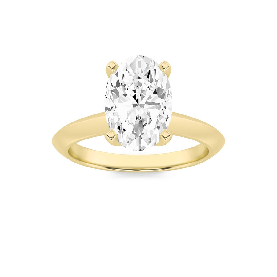 3Cttw Oval Shaped Lab Grown Diamond (F/VS) Knife Edge Shank Solitaire Engagement Ring in 14K Gold