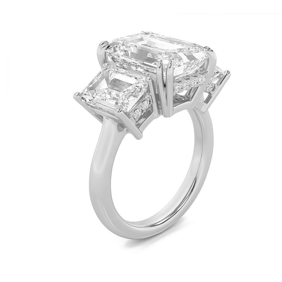 8.25Cttw Emerald Shaped Lab Grown Diamond (F/VS) Bold Three Stone Accented Ring in 14K Gold