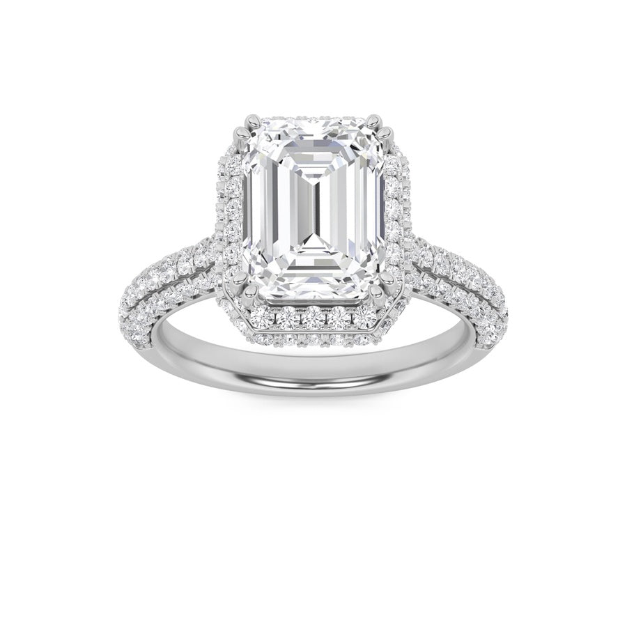 3Cttw Emerald Shaped Lab Grown Diamond (F/VS) HaloAccented Engagement Ring in 14K Gold
