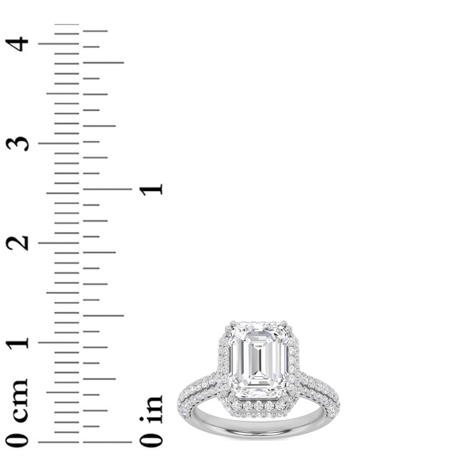 3Cttw Emerald Shaped Lab Grown Diamond (F/VS) HaloAccented Engagement Ring in 14K Gold