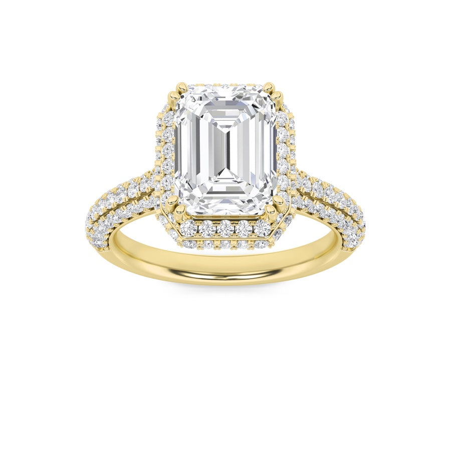 3Cttw Emerald Shaped Lab Grown Diamond (F/VS) HaloAccented Engagement Ring in 14K Gold