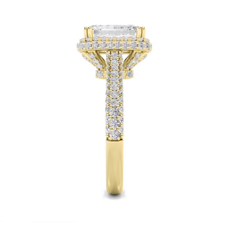 3Cttw Emerald Shaped Lab Grown Diamond (F/VS) HaloAccented Engagement Ring in 14K Gold
