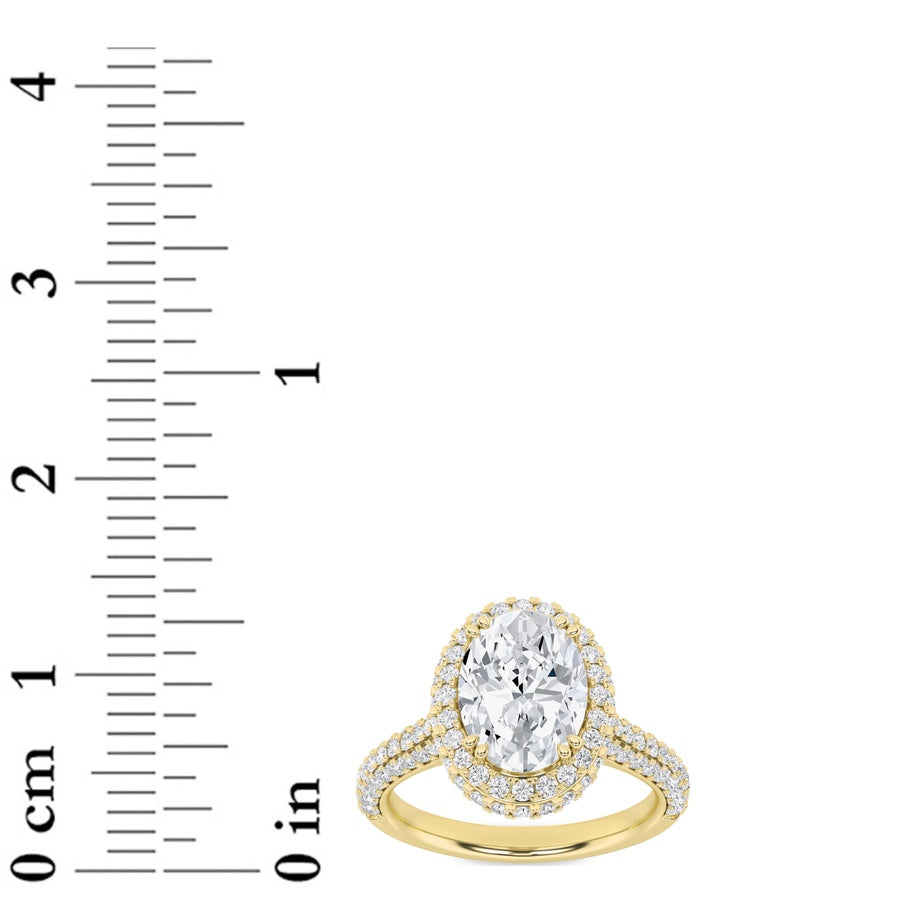3Cttw Oval Shaped Lab Grown Diamond (F/VS) Halo Accented Engagement Ring in 14K Gold