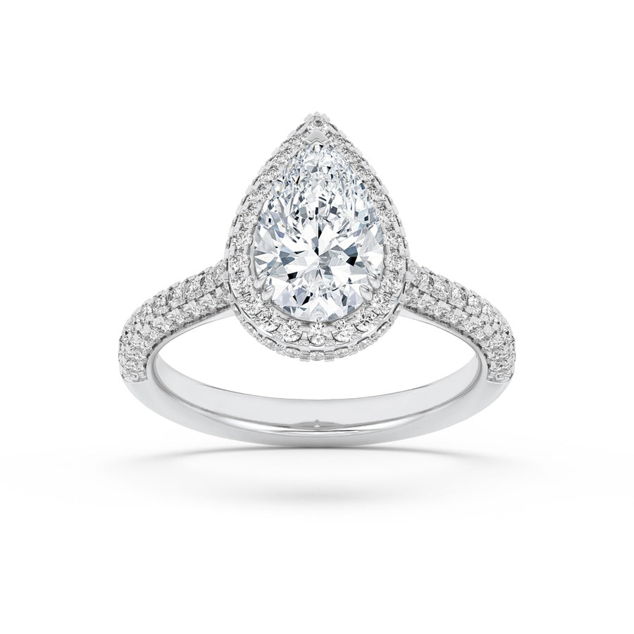 3Cttw Pear Shaped Lab Grown Diamond (F/VS) Halo Accented Engagement Ring in 14K Gold