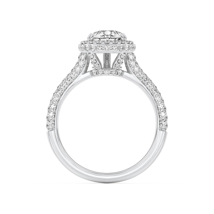 3Cttw Pear Shaped Lab Grown Diamond (F/VS) Halo Accented Engagement Ring in 14K Gold