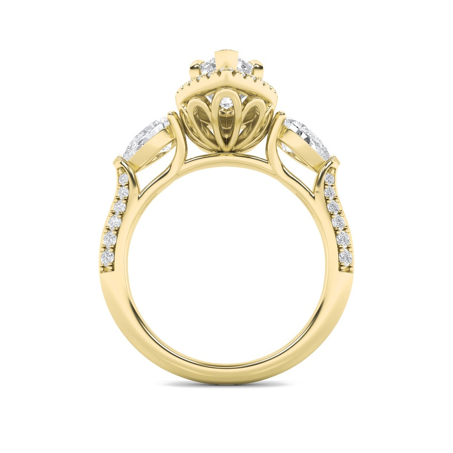 3Cttw Marquise Shaped Lab Grown Diamond (F/VS) Three Stone Halo Enagement Ring in 14K Gold