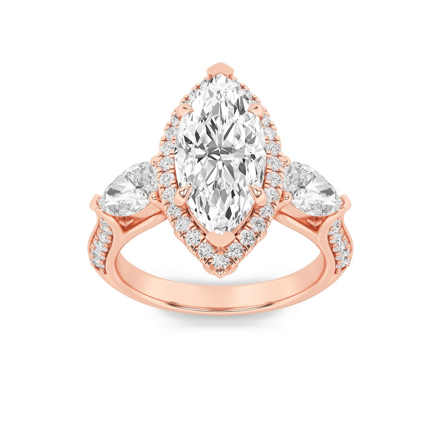 3Cttw Marquise Shaped Lab Grown Diamond (F/VS) Three Stone Halo Enagement Ring in 14K Gold