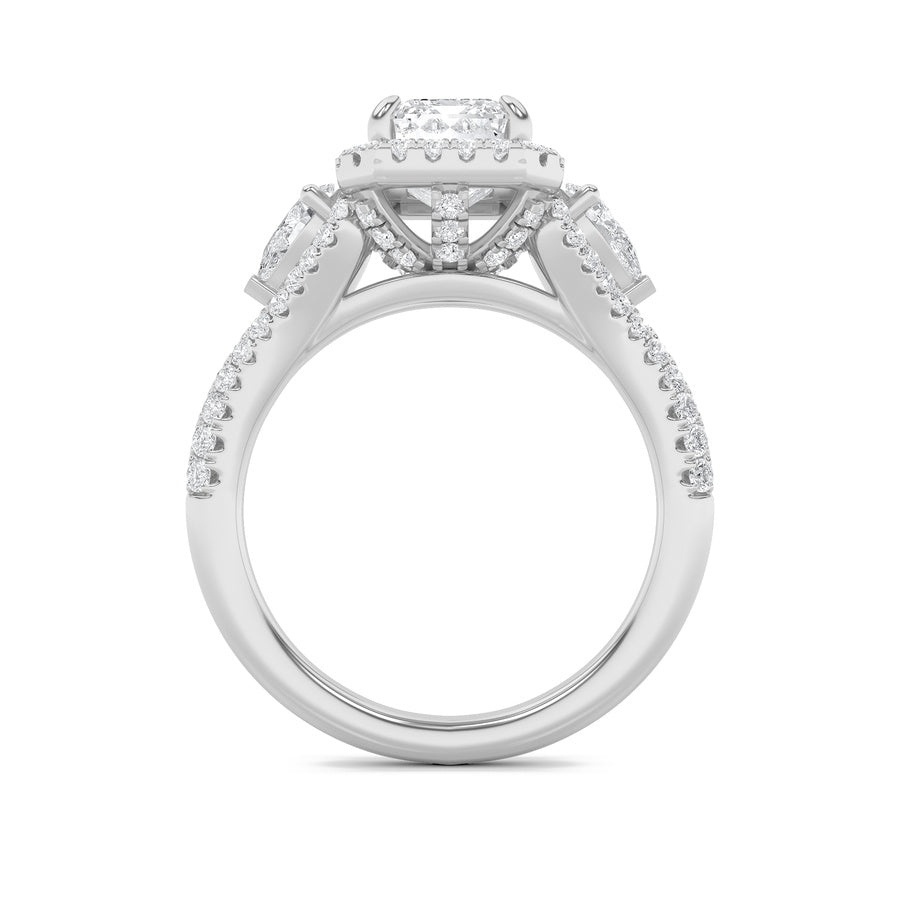 3Cttw Emerald Shaped Lab Grown Diamond (F/VS) Three Stone Bold Accented Engagement Ring in 14K Gold
