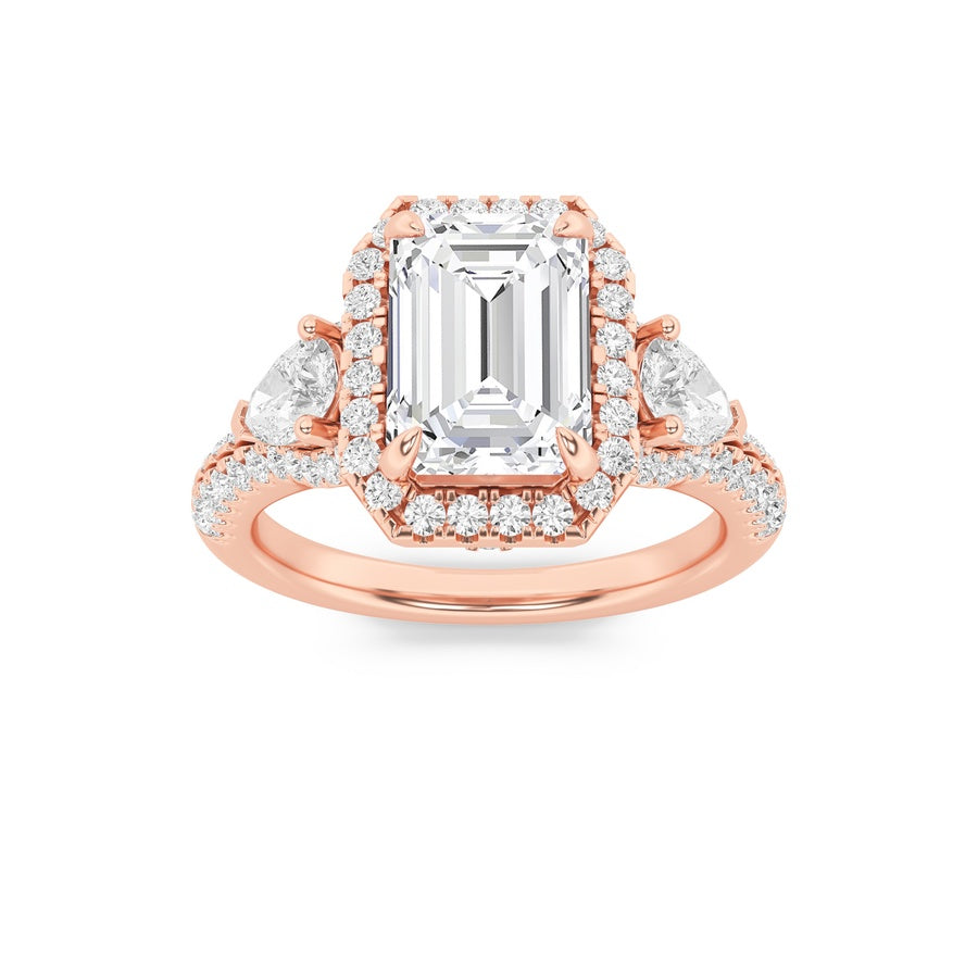 3Cttw Emerald Shaped Lab Grown Diamond (F/VS) Three Stone Bold Accented Engagement Ring in 14K Gold