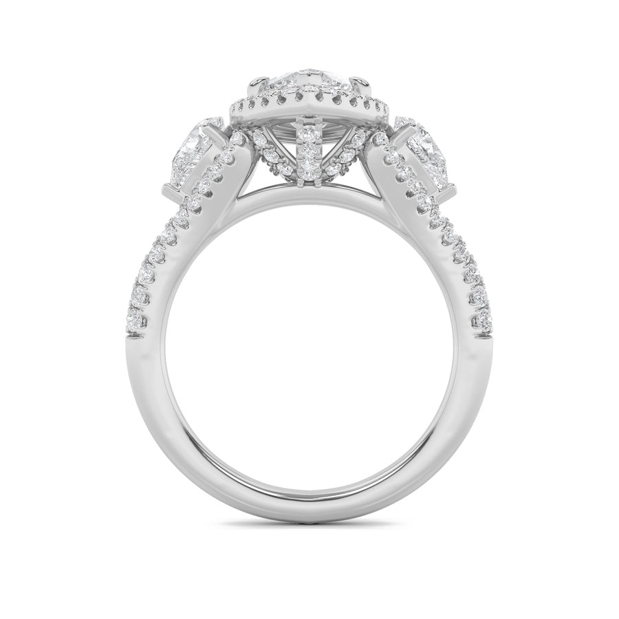 3Cttw Marquise Shaped Lab Grown Diamond (F/VS) Three Stone Bold Accented Engagement Ring in 14K Gold