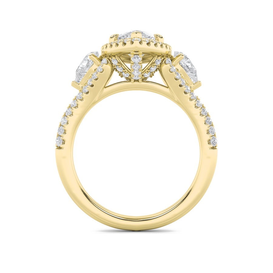 3Cttw Marquise Shaped Lab Grown Diamond (F/VS) Three Stone Bold Accented Engagement Ring in 14K Gold