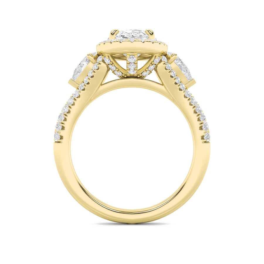 3Cttw Oval Shaped Lab Grown Diamond (F/VS) Three Stone Bold Accented Engagement Ring in 14K Gold