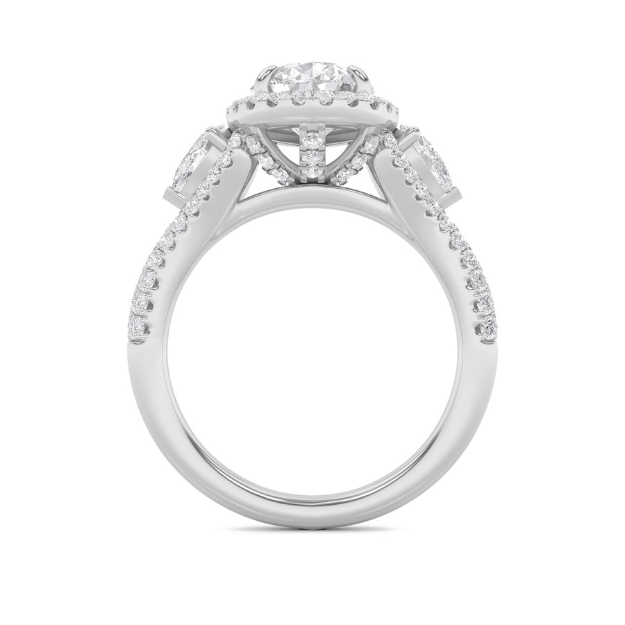 3Cttw Pear Shaped Lab Grown Diamond (F/VS) Three Stone Bold Accented Engagement Ring in 14K Gold