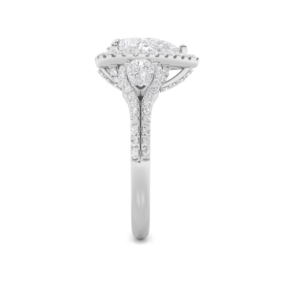 3Cttw Pear Shaped Lab Grown Diamond (F/VS) Three Stone Bold Accented Engagement Ring in 14K Gold