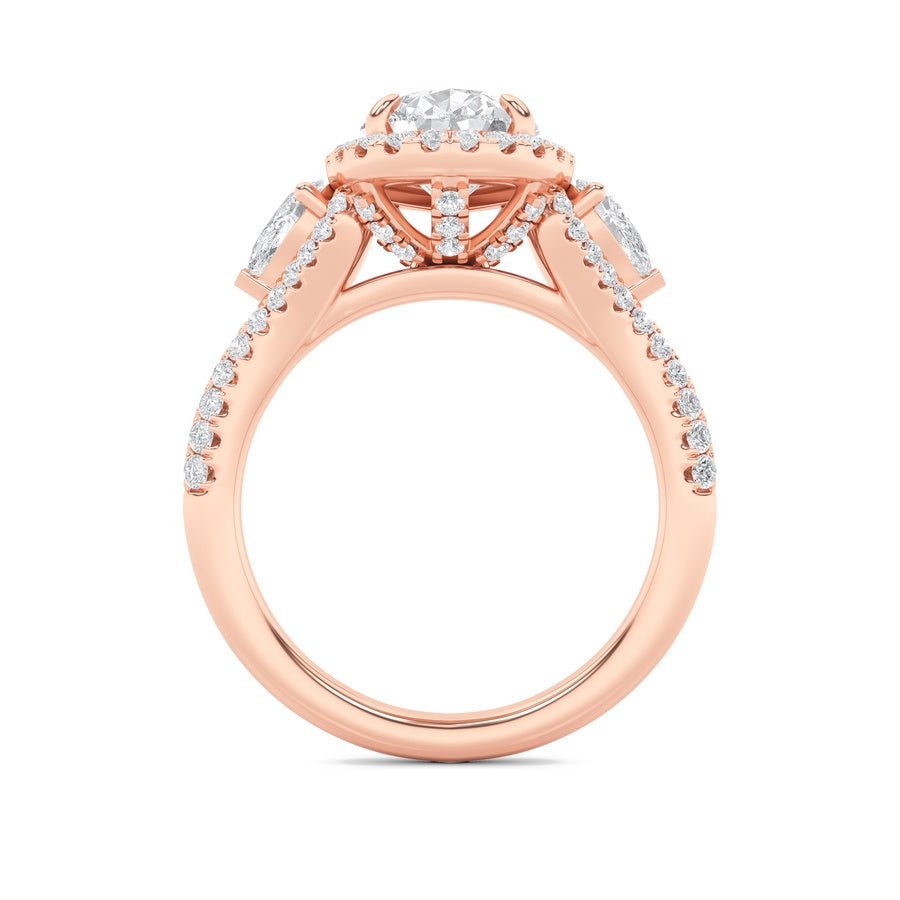 3Cttw Pear Shaped Lab Grown Diamond (F/VS) Three Stone Bold Accented Engagement Ring in 14K Gold