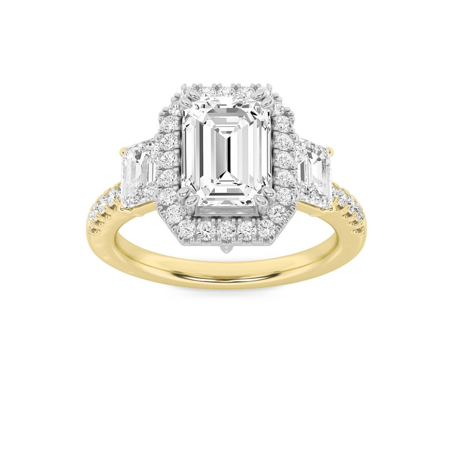 3Cttw Emerald Shaped Lab Grown Diamond (G/VS) Three Stone Accented Engagement Ring in 14K Gold