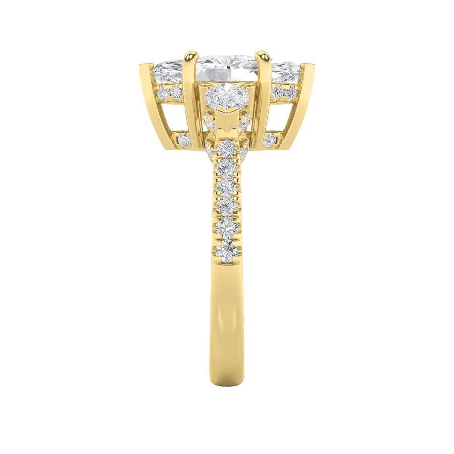 3Cttw Marquise Shaped Lab Grown Diamond (F/VS) Three Stone Accented Engagement Ring in 14K Gold