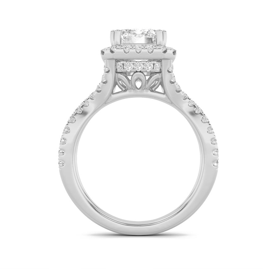 4Cttw Emerald Shaped Lab Grown Diamond (F/VS) Split Shank Halo Engagement Ring in 14K Gold