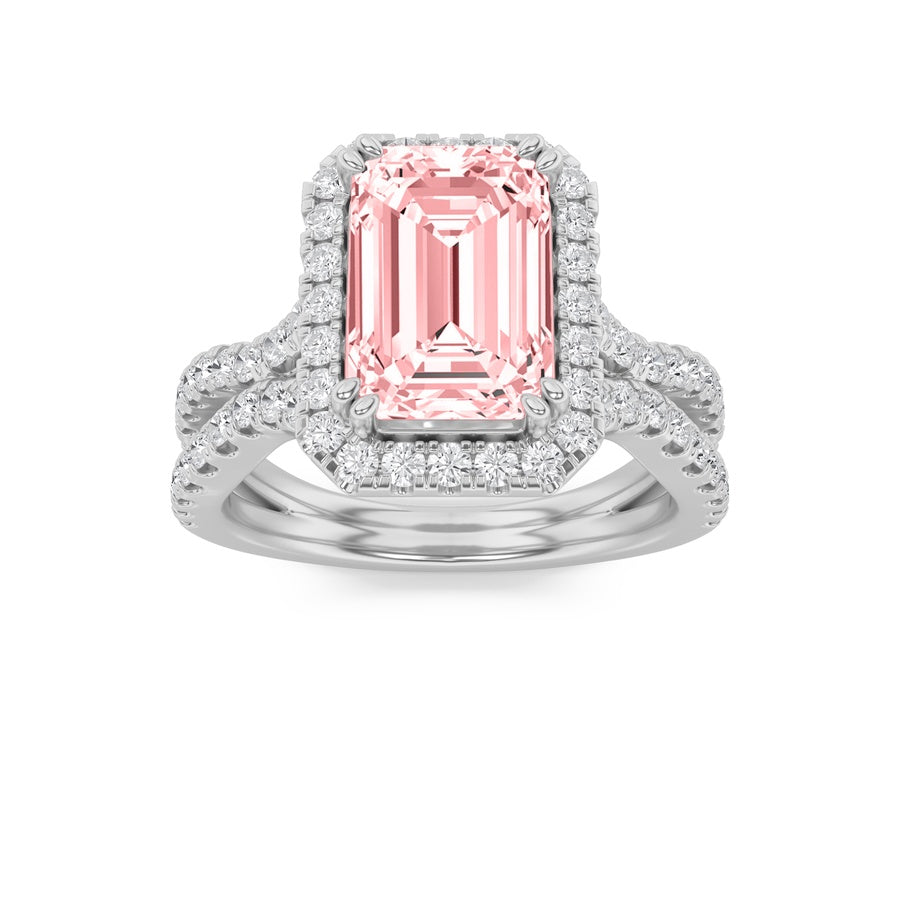 4Cttw Emerald Shaped Lab Grown Diamond (F/VS) Split Shank Halo Engagement Ring in 14K Gold