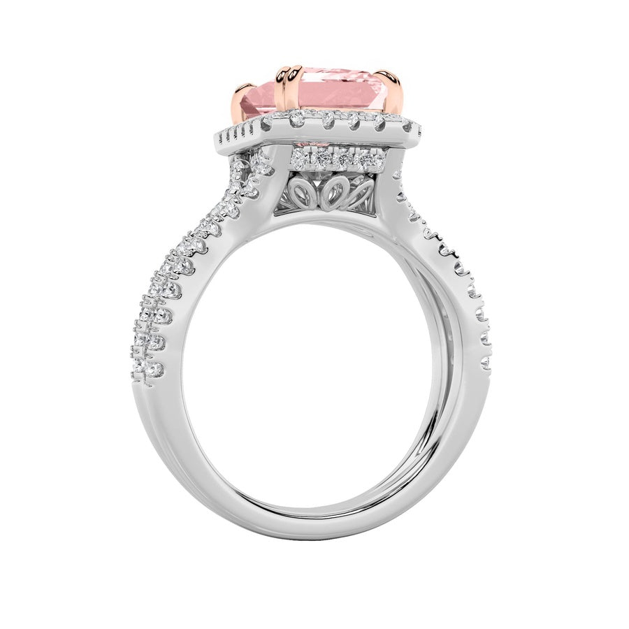 4Cttw Emerald Shaped Lab Grown Diamond (F/VS) Split Shank Halo Engagement Ring in 14K Gold