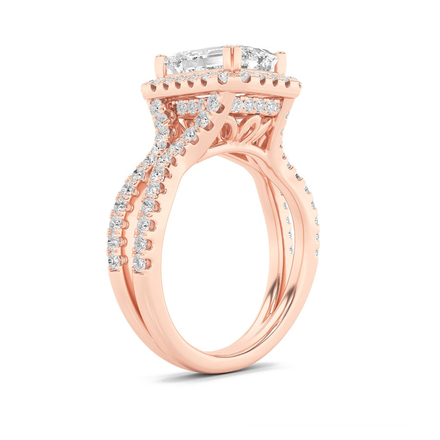 4Cttw Emerald Shaped Lab Grown Diamond (F/VS) Split Shank Halo Engagement Ring in 14K Gold