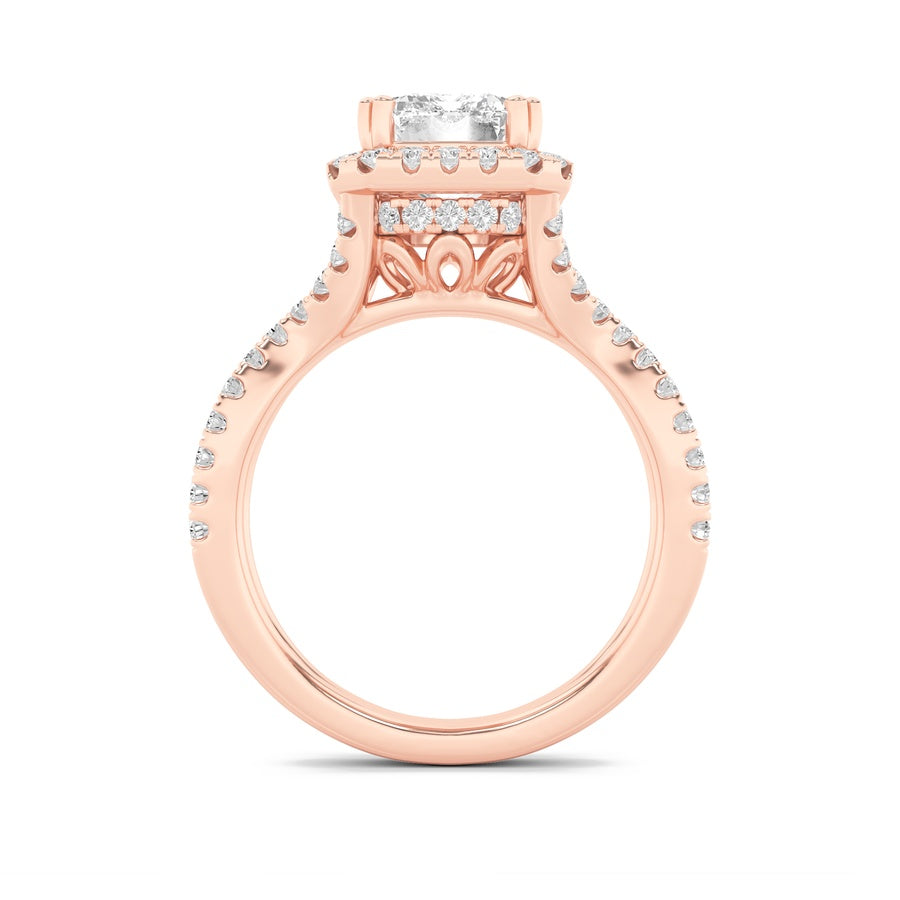 4Cttw Emerald Shaped Lab Grown Diamond (F/VS) Split Shank Halo Engagement Ring in 14K Gold