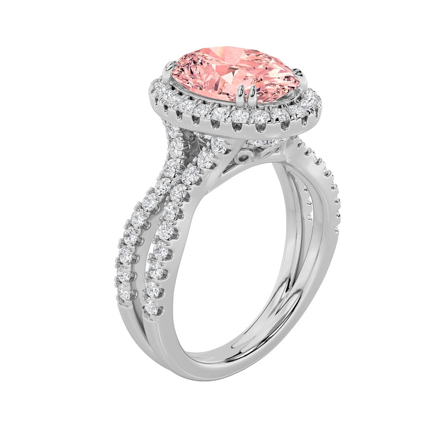 4Cttw Oval Shaped Lab Grown Diamond (F/VS) Split Shank Halo Engagement Ring in 14K Gold