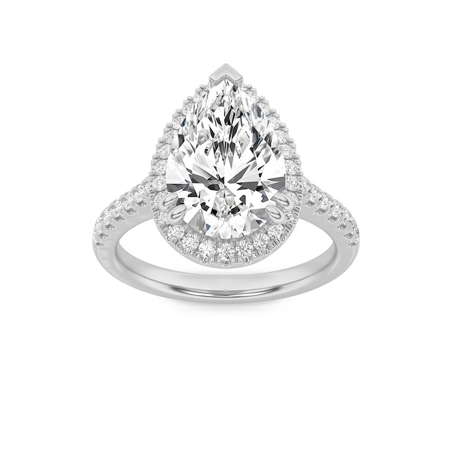 3Cttw Pear Shaped Lab Grown Diamond (F/VS) ClassicHalo Accented Engagement Ring in 14K Gold