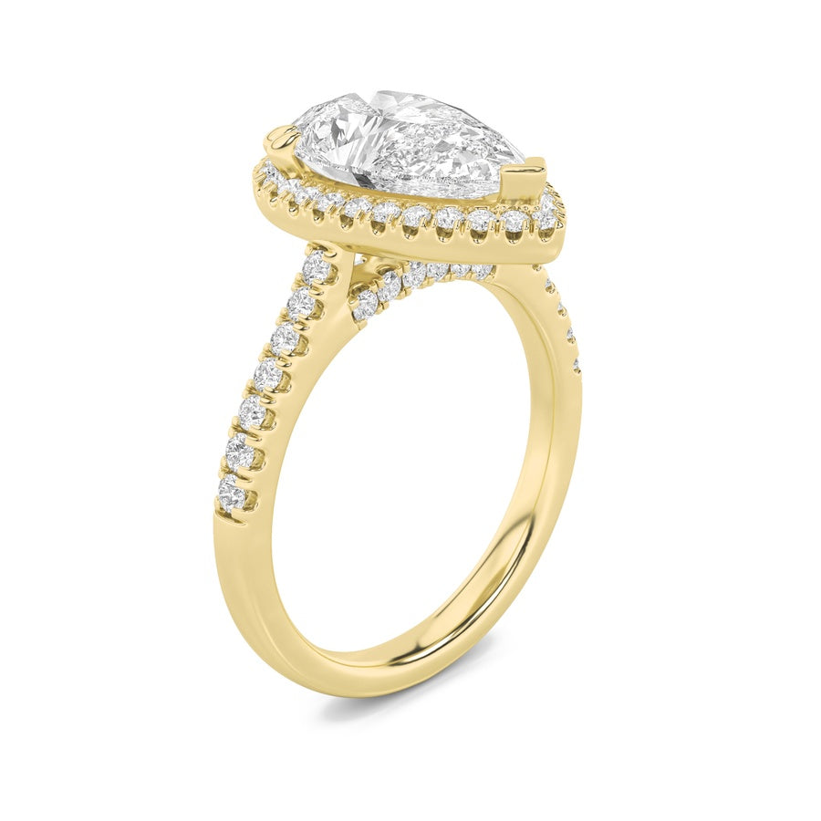 3Cttw Pear Shaped Lab Grown Diamond (F/VS) ClassicHalo Accented Engagement Ring in 14K Gold